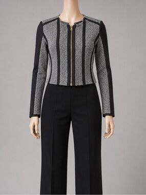 Black Gray Cropped Tweed Jacket Zip Front Structured Career Blazer